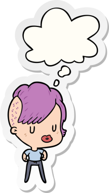 İnsan tarafından çizilmiş bir çıkartma olarak düşünce balonlu çizgi film kızı.