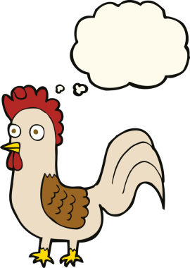 Bir insan tarafından çizilmiş düşünce kabarcığı olan çizgi film horozu.