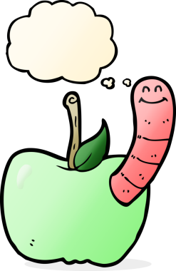 Bir insan tarafından çizilmiş düşünce baloncuğu solucanlı çizgi film elması