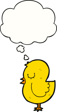 Bir insan tarafından çizilmiş düşünce baloncuklu çizgi film kuşu.