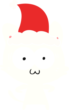 Bir insan tarafından çizilmiş Noel Baba şapkası takan şaşırmış bir kedinin düz renkli çizimi.