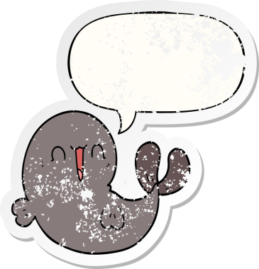 Konuşma baloncuğu olan şirin bir balina, bir insan tarafından çizilmiş sıkıntılı eski bir çıkartma.