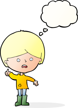 Bir insan tarafından çizilmiş düşünce baloncuğu olan mutsuz bir çocuk.