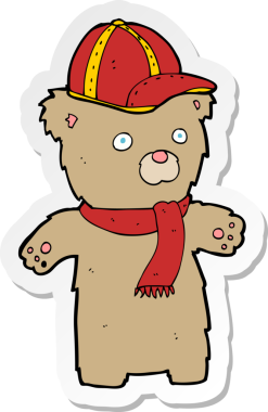 Bir insan tarafından çizilmiş şapkalı çizgi film ayısının çıkartması.