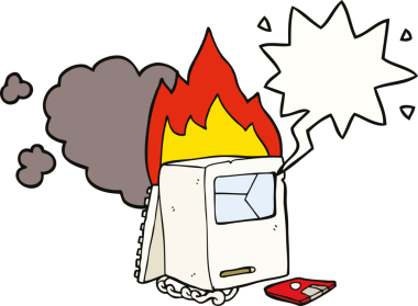 bir insan tarafından çizilmiş konuşma baloncuklu bozuk bir bilgisayar.