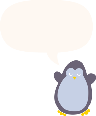 bir insan tarafından çizilmiş, retro tarzı konuşma balonu olan penguen çizgi filmi.