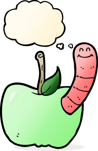 Bir insan tarafından çizilmiş düşünce baloncuğu solucanlı çizgi film elması