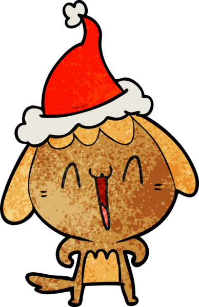 Bir insan tarafından çizilmiş Noel Baba şapkası takan bir köpeğin çizilmiş güzel el çizimi karikatürü.