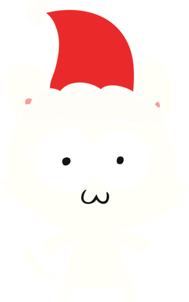 Bir insan tarafından çizilmiş Noel Baba şapkası takan şaşırmış bir kedinin düz renkli çizimi.
