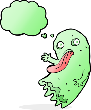 Düşünce baloncuğu insan tarafından çizilmiş iğrenç bir çizgi film hayaleti.