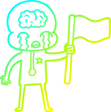 Bir insan tarafından çizilmiş bayrağı sallayan, ağlayan koca beyinli uzaylının soğuk çizgi çizimi.