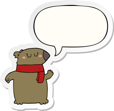 Bir insan tarafından çizilmiş balon çıkartmalı eşarplı çizgi film ayısı.