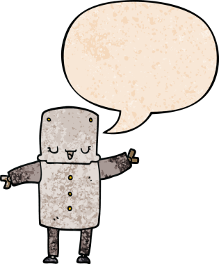 bir insan tarafından çizilmiş eski moda konuşma baloncuklu çizgi film robotu.