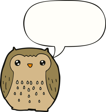 Bir insan tarafından çizilmiş konuşma baloncuğu olan sevimli çizgi film baykuşu.