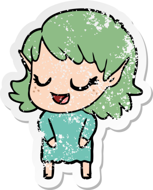 Bir insan tarafından çizilmiş mutlu bir elf kızının sıkıntılı çıkartması.