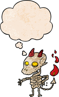 Bir insan tarafından çizilmiş grunge desenli düşünce baloncuğu olan karikatürlü korkunç iblis.