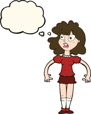 Bir insan tarafından çizilmiş düşünce baloncuğuyla şok olmuş güzel bir kız.