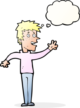 Bir insan tarafından çizilmiş düşünce baloncuğuyla el sallayan mutlu çocuk.