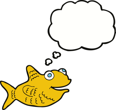 Bir insan tarafından çizilmiş düşünce balonlu mutlu balık çizgi filmi.
