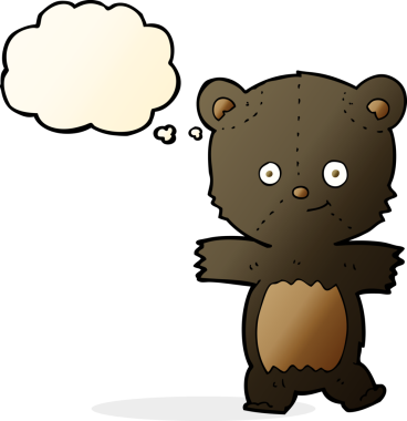 Bir insan tarafından çizilmiş düşünce baloncuğu olan sevimli çizgi film kara ayısı.