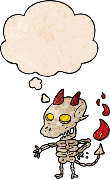 Bir insan tarafından çizilmiş grunge desenli düşünce baloncuğu olan karikatürlü korkunç iblis.