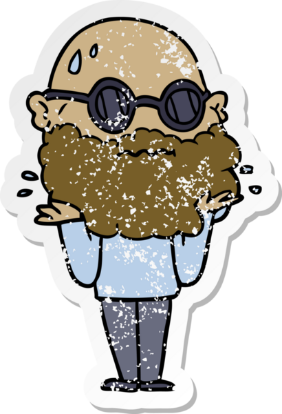 Bir insan tarafından çizilmiş sakallı ve güneş gözlüklü endişeli bir karikatür çıkartması.