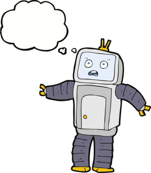 Bir insan tarafından çizilmiş düşünce baloncuklu komik robot.