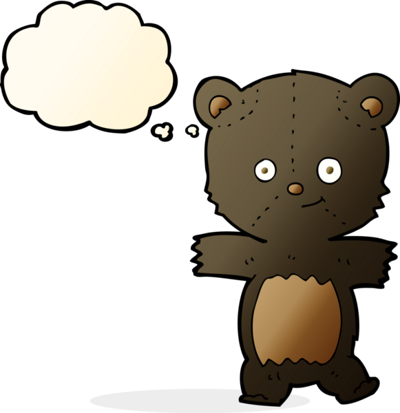 Bir insan tarafından çizilmiş düşünce baloncuğu olan sevimli çizgi film kara ayısı.