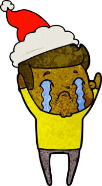 Bir insanın çizdiği Noel Baba şapkasıyla ağlayan bir adamın el çizimi karikatürü.