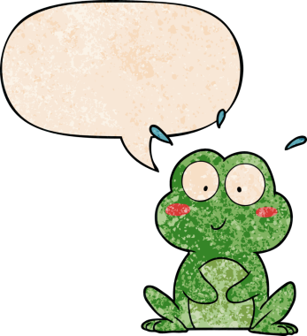 Bir insan tarafından çizilmiş eski moda konuşma baloncuğu olan sevimli çizgi film kurbağası.