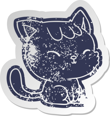 Bir insan tarafından çizilmiş sevimli kawaii kedisinin sıkıntılı eski çizgi film çıkartması.