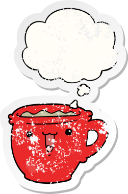 Düşünce baloncuklu şirin çizgi film kahve fincanı insan tarafından çizilmiş yıpranmış bir çıkartma gibi.