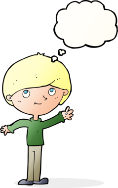 Bir insan tarafından çizilmiş düşünce balonu olan mutlu çocuk çizgi filmi.