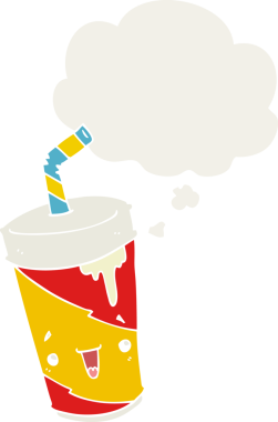 Düşünce baloncuğu olan karikatür soda bardağı insan tarafından çizilmiş.