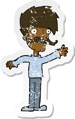 Bir insan tarafından çizilmiş bıyıklı bir adamın gerilmiş çıkartması.