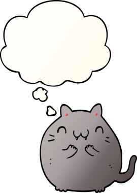 Mutlu çizgi film kedisi bir insan tarafından çizilmiş yumuşak eğimli düşünce baloncuğu ile