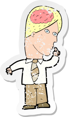 Bir insan tarafından çizilmiş kocaman beyni olan bir karikatür işadamının retro sıkıntılı çıkartması.