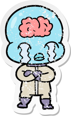 Bir çizgi filmin sıkıntılı çıkartması. Bir insan tarafından çizilmiş büyük beyinli uzaylı ağlaması.