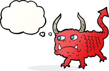Bir insan tarafından çizilmiş düşünce baloncuğu olan küçük bir iblis.