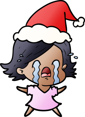 Bir insanın çizdiği Noel Baba şapkasıyla ağlayan bir kadının el çizimi karikatürü.