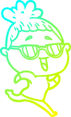 Bir insan tarafından çizilmiş gözlük takan mutlu bir kadının çizgi film çizimi.