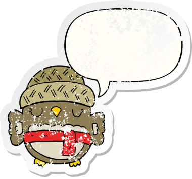 Konuşma baloncuğu olan şapkalı sevimli bir baykuş. Bir insan tarafından çizilmiş sıkıntılı eski bir çıkartma.