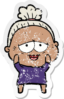 Bir insan tarafından çizilmiş mutlu, yaşlı bir kadının sıkıntılı çıkartması.