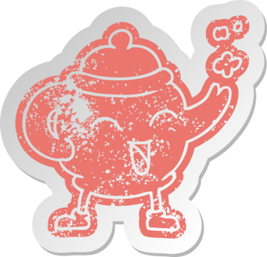 Bir insan tarafından çizilmiş mavi çay demliğinin sıkıntılı eski çizgi film etiketi.