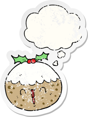 Düşünce baloncuklu tatlı çizgi film pudingi insan tarafından çizilmiş yıpranmış bir çıkartma.