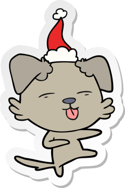 Bir insan tarafından çizilmiş Noel Baba şapkasıyla dans eden bir köpeğin el yazısı.
