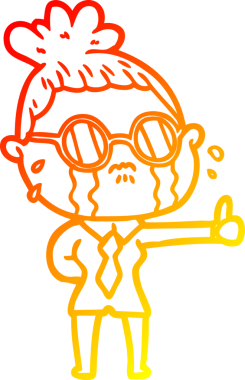 Bir insan tarafından çizilmiş gözlüklü, ağlayan bir kadının çizgi film çizimi.