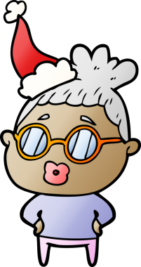 Kütüphaneci bir kadının gözlük taktığı, Noel Baba şapkası taktığı bir el çizimi.