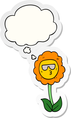 Düşünce baloncuklu karikatür çiçeği insan tarafından çizilmiş bir çıkartma gibi.