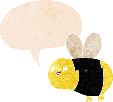 Konuşma baloncuğu olan çizgi film arısı bir insan tarafından çizilmiş dertli retro desenli.